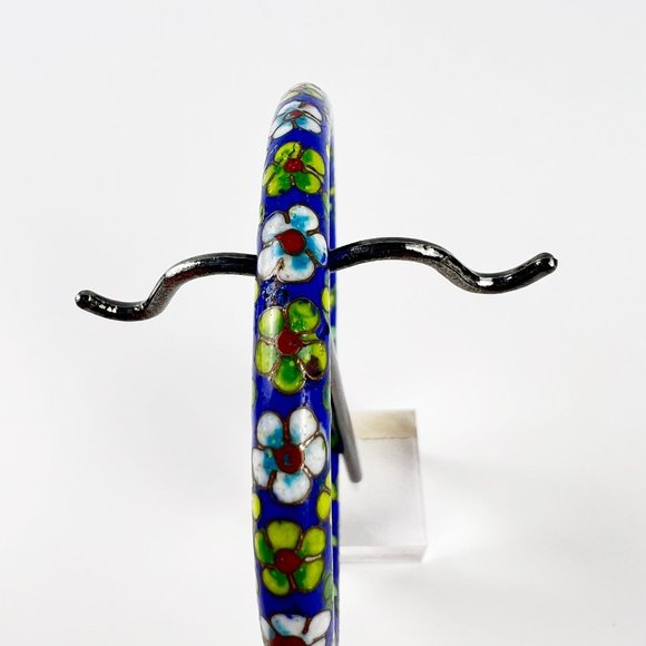 Vintage Chinese Cobalt Blue Green Cloisonne Enamel Floral Bangle Bracelet - Picture 3 of 4